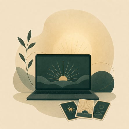 Quadratische Illustration einer Online-Tarot-Session mit Karten, Bildschirm und ruhiger Atmosphäre Quadratische Illustration einer Online-Tarot-Session mit Karten, Bildschirm und ruhiger Atmosphäre
