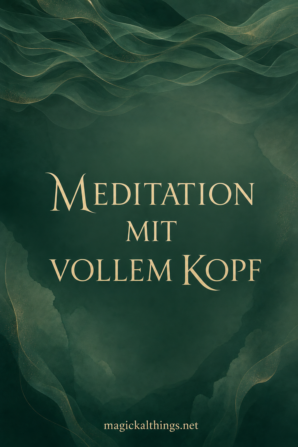 Abstrakte fließende Formen in Tiefgrün mit hellgoldenen Akzenten und dem Schriftzug „Meditation mit vollem Kopf