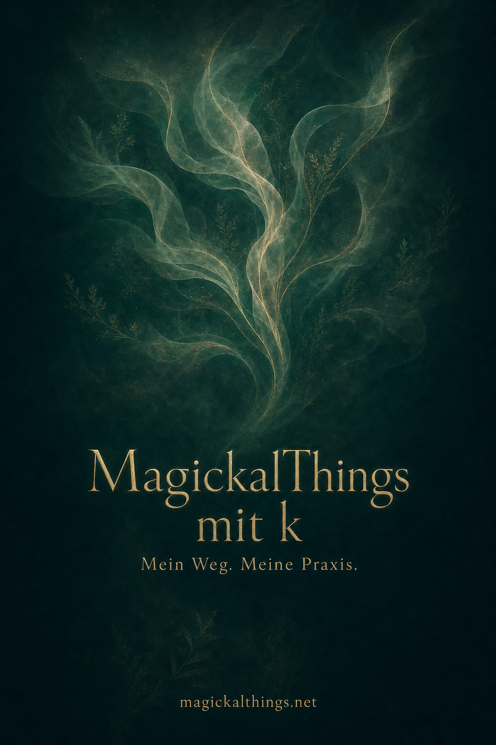 Fließende tiefgrüne Formen mit feinen Rosmarinstrukturen und hellgoldener Schrift: „MagickalThings mit k – Mein Weg. Meine Praxis.“