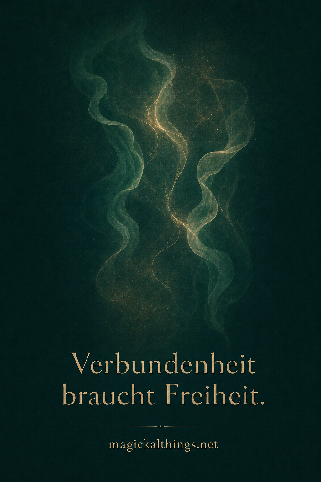 Zwei frei fließende tiefgrüne Formen, durch feines Licht verbunden, mit dem Schriftzug „Verbundenheit braucht Freiheit.“