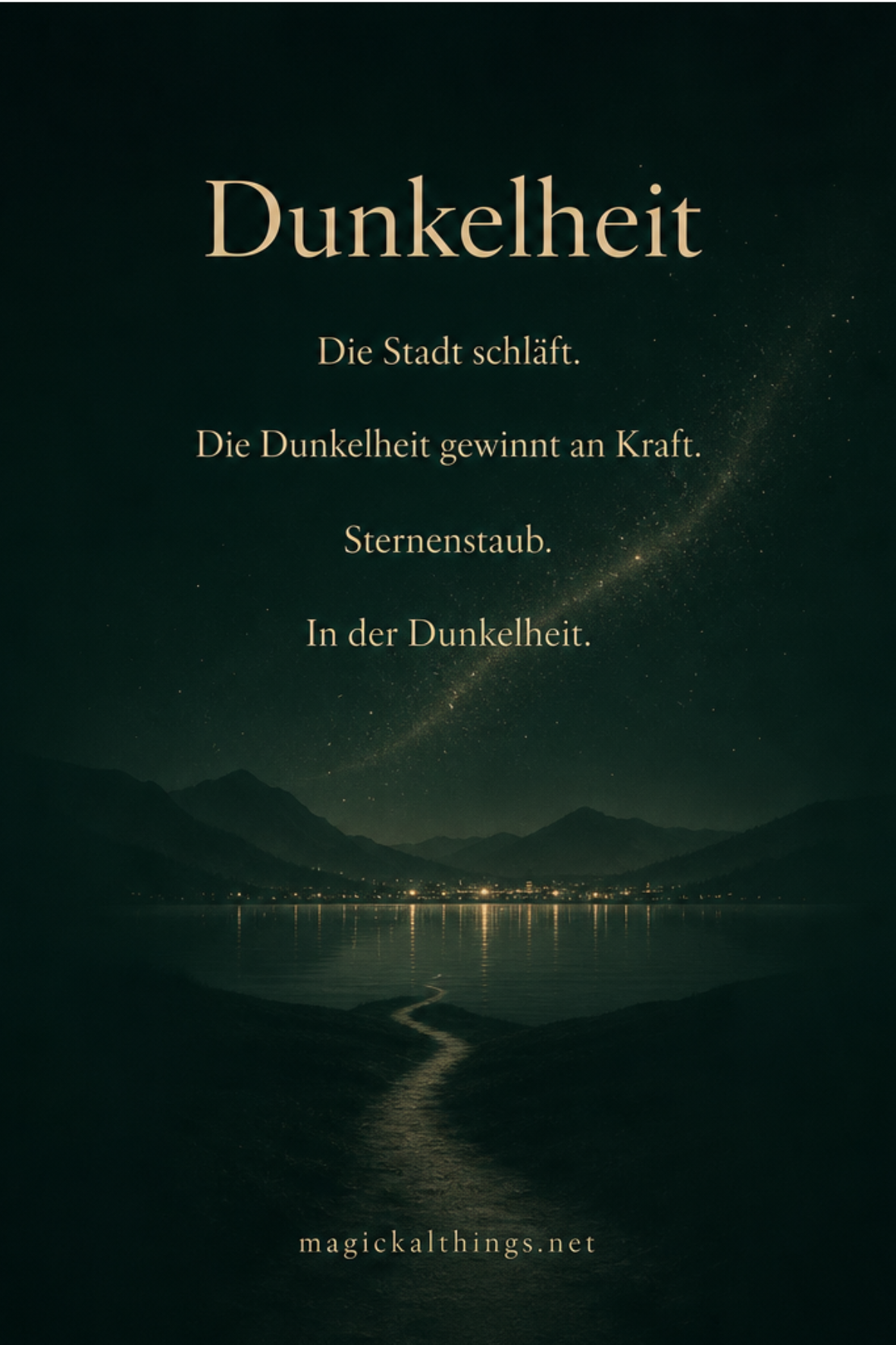 Vertikales Nachtbild in Dunkelgrün mit See, schlafender Stadt, Lichtflecken, Weg, Sternen und kosmischem Lichtschweif. Text von oben nach unten: „Dunkelheit“; „Die Stadt schläft.“; „Die Dunkelheit gewinnt an Kraft.“; „Sternenstaub.“; „In der Dunkelheit.“; unten: „magickalthings.net“.