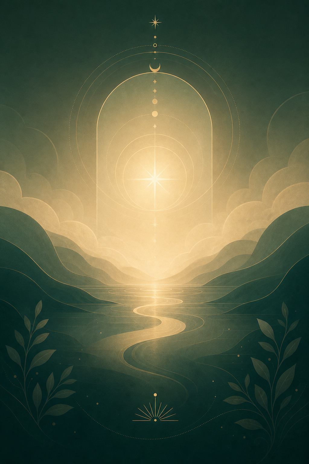 Abstrakte, ruhige Illustration mit sanften Linien, lichtvollem Zentrum und meditativer Tiefe in Grün- und Beigetönen, passend zu einer Live-Meditationsreihe mit Bezug zu den Großen Arkana. Abstrakte, ruhige Illustration mit sanften Linien, lichtvollem Zentrum und meditativer Tiefe in Grün- und Beigetönen, passend zu einer Live-Meditationsreihe mit Bezug zu den Großen Arkana.