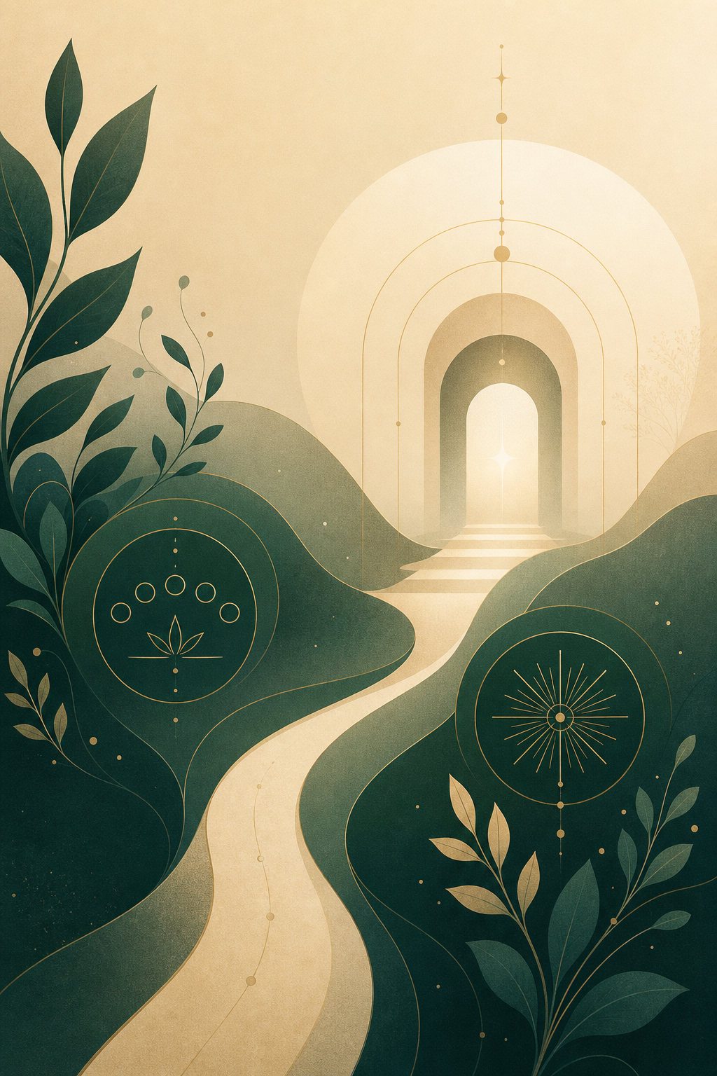 Abstrakte, ruhige Illustration mit ausgewogener Struktur, sanften Wiederholungen und meditativer Tiefe in Grün- und Beigetönen, passend zu einer Website-Sektion über Paketoptionen für eine Live-Meditationsreihe. Abstrakte, ruhige Illustration mit ausgewogener Struktur, sanften Wiederholungen und meditativer Tiefe in Grün- und Beigetönen, passend zu einer Website-Sektion über Paketoptionen für eine Live-Meditationsreihe.