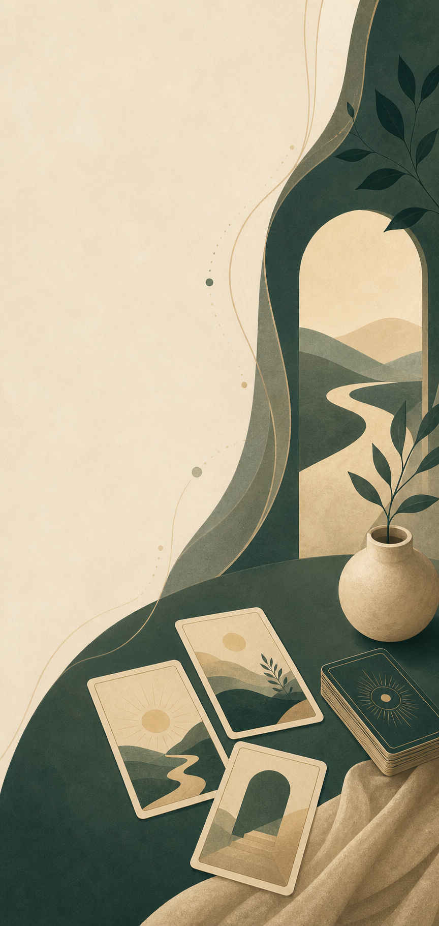 Hochformatige Illustration mit Tarotkarten, sanftem Licht und ruhiger, strukturierter Atmosphäre als Begleitung zum Ablauf einer Session Hochformatige Illustration mit Tarotkarten, sanftem Licht und ruhiger, strukturierter Atmosphäre als Begleitung zum Ablauf einer Session