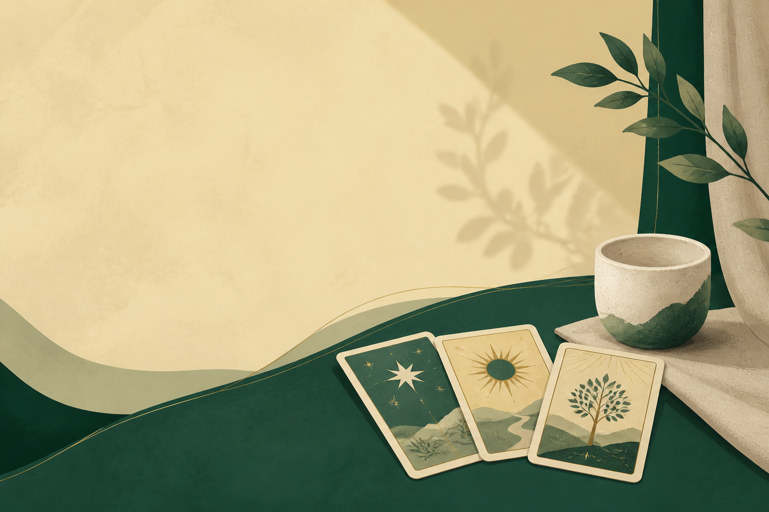 Illustration eines ruhigen Tisches mit Tarotkarten, Tasse und warmem Licht in sanften Grün- und Beigetönen Illustration eines ruhigen Tisches mit Tarotkarten, Tasse und warmem Licht in sanften Grün- und Beigetönen