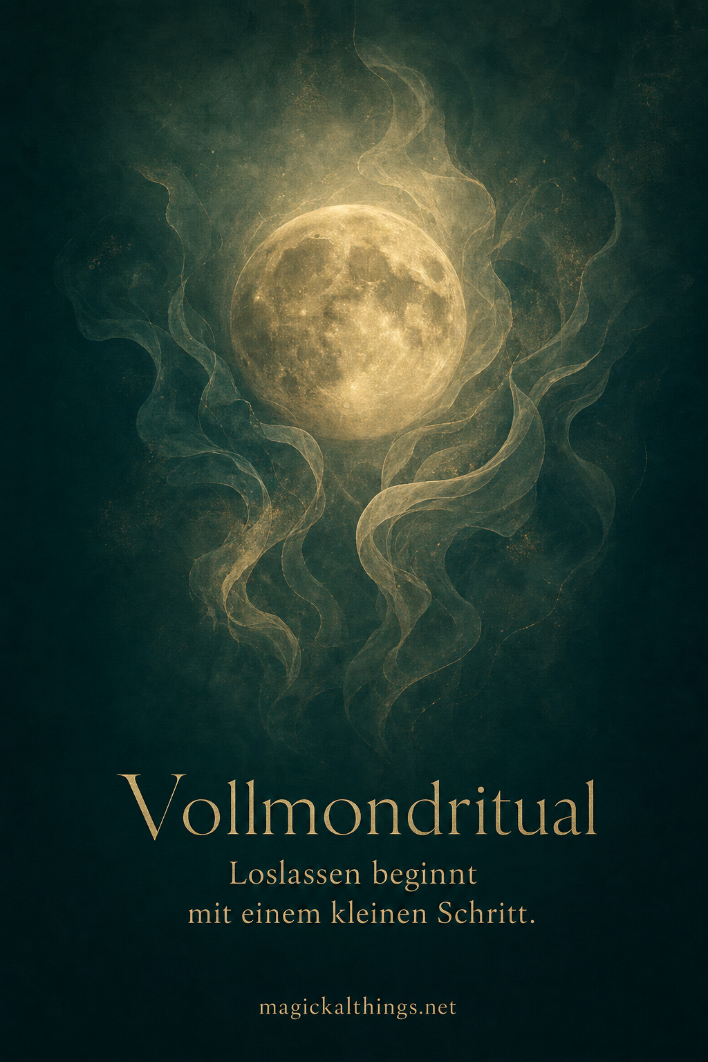 Atmosphärisches Vollmondmotiv in tiefem Grün mit weichen organischen Formen und goldener Schrift.