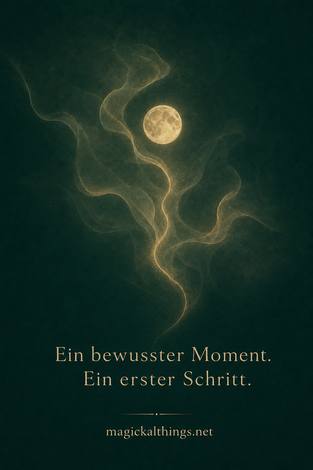 Leuchtender Vollmond über fließenden tiefgrünen Formen und feinem Nebel mit hellgoldenen Akzenten.