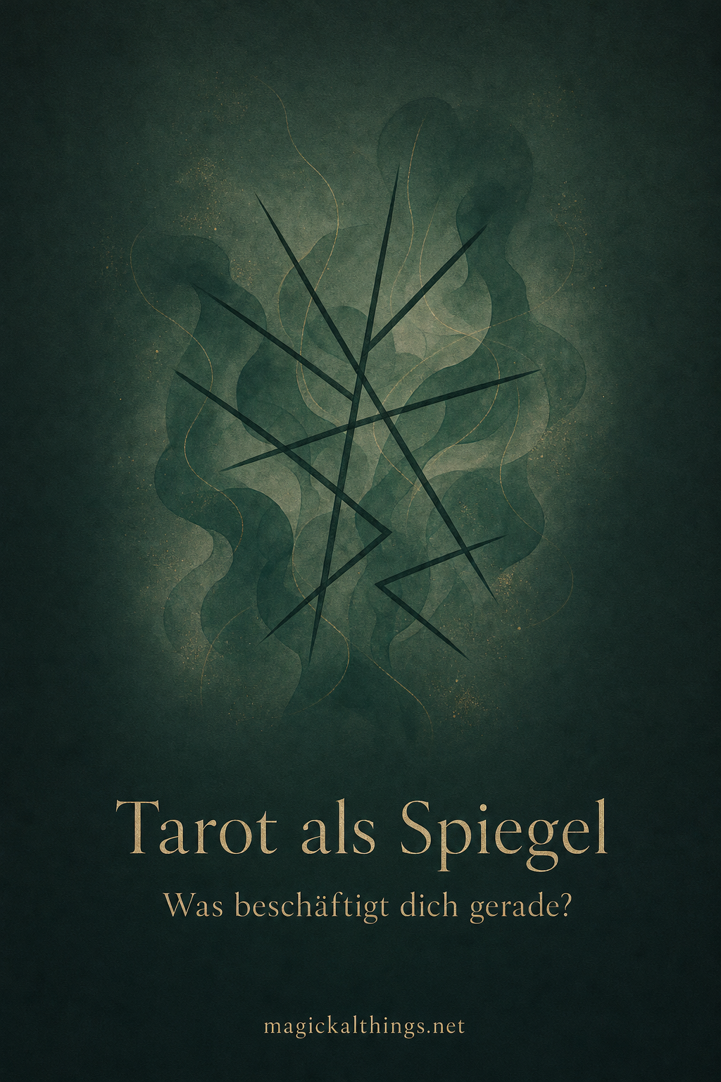Neun dunkle kantige Linien zwischen fließenden grünen Formen mit dem Text Tarot als Spiegel – Was beschäftigt dich gerade?