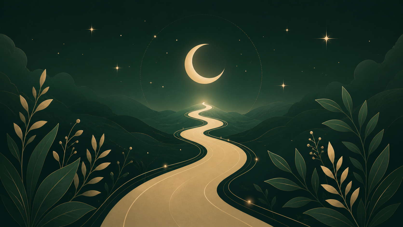 Minimalistische mystische Illustration mit symbolischem Pfad, Mondsichel und botanischen Elementen für den Abschluss-CTA der Willkommensseite