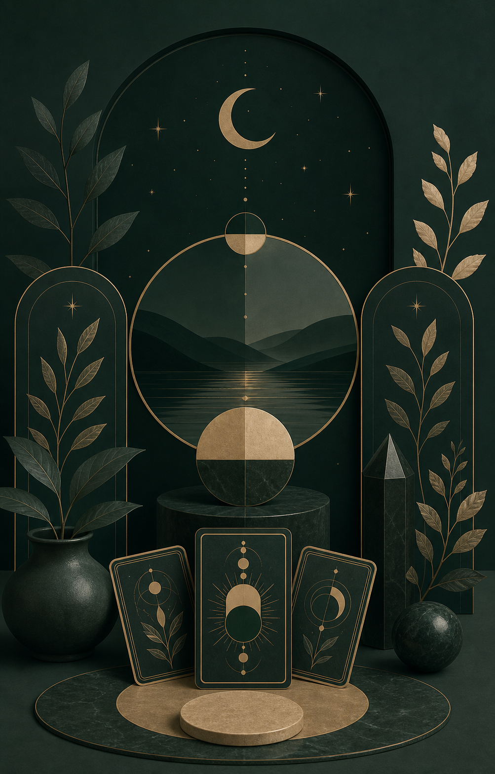 Minimalistische mystische Illustration mit spiegelnden Formen, Tarot-inspirierten Kartenmotiven und botanischen Elementen für den Abschnitt Wer dich hier begleitet