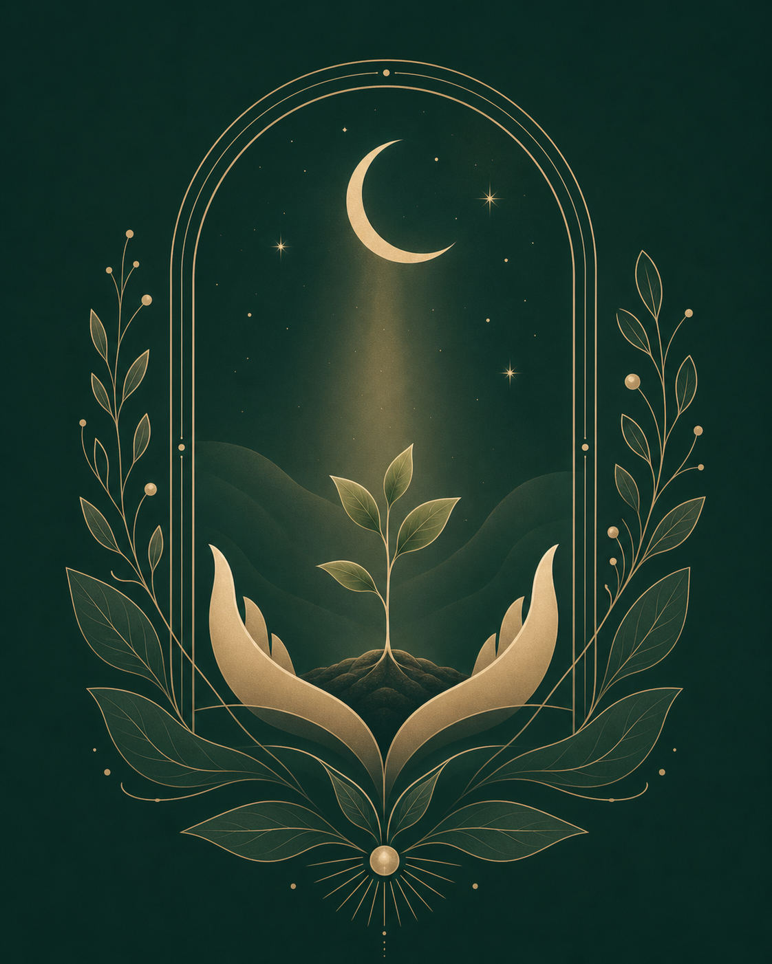 Minimalistische Illustration eines geschützten botanischen Motivs mit Mondsichel und Sternen für den Abschnitt Dein magischer Safe-Space